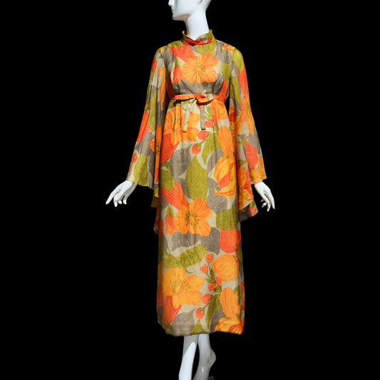 BOB BUGNAND Sam Friedlander,  Martha Weathered, vintage 1970s evening dress, Orange floral angel sleeves