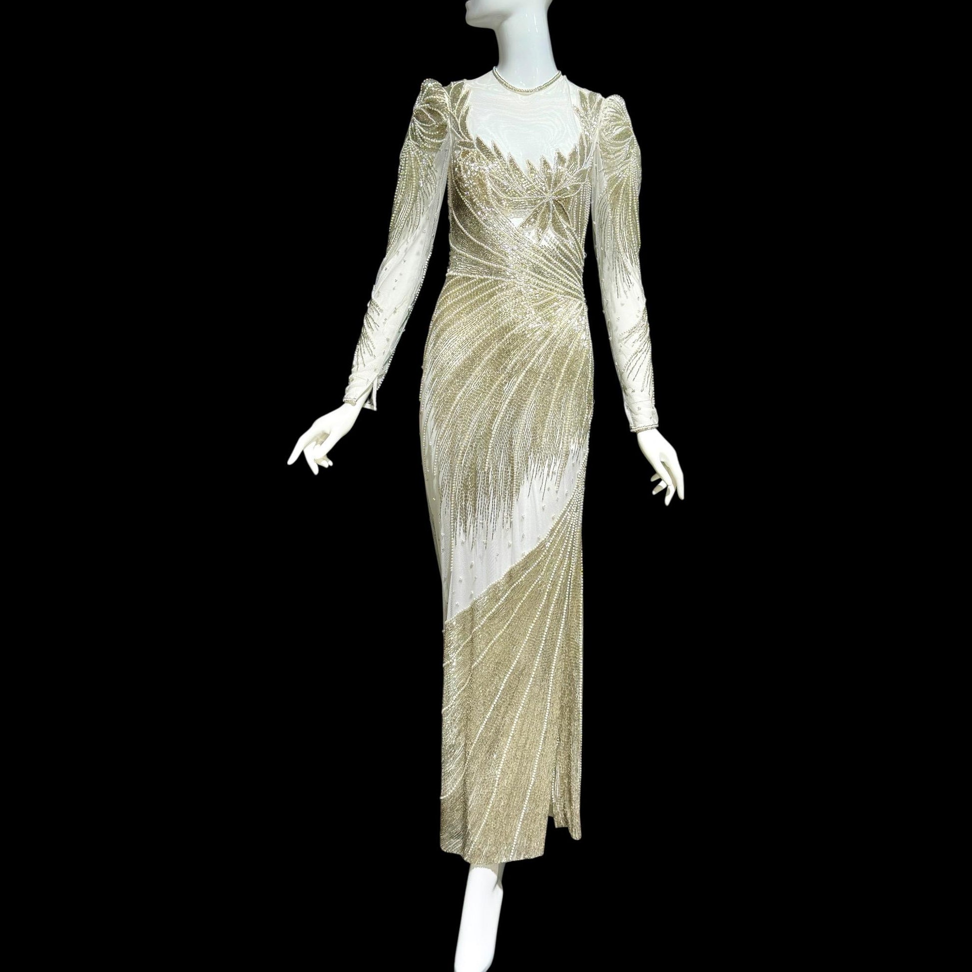 CARLOTA ALFARO, vintage 1970s evening gown dress, White mesh with silver and white beads sheath dress