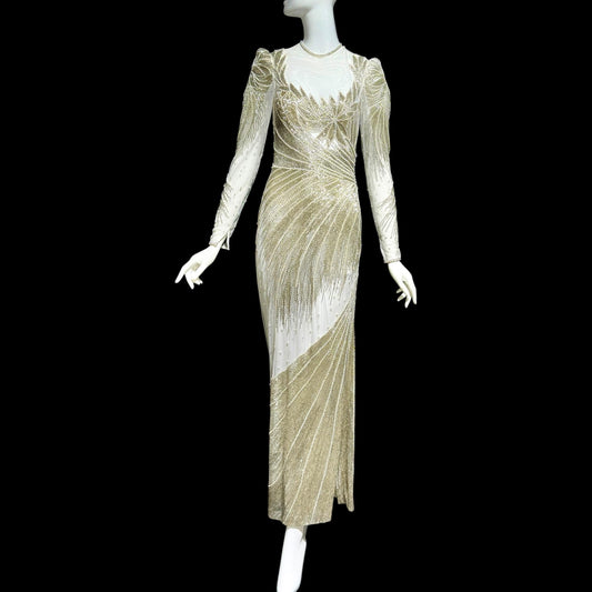 CARLOTA ALFARO, vintage 1970s evening gown dress, White mesh with silver and white beads sheath dress