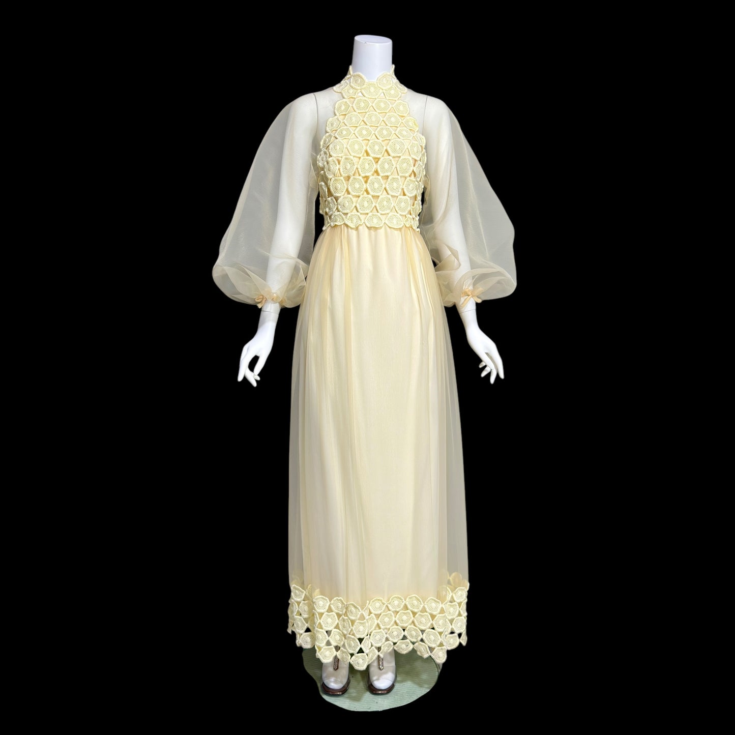 CYRELD PARIS, vintage 1970s yellow chiffon evening dress, WERLE Beverly Hills sheer bishop sleeves