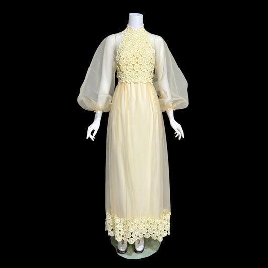 CYRELD PARIS, vintage 1970s yellow chiffon evening dress, WERLE Beverly Hills sheer bishop sleeves