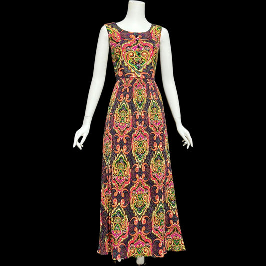 FRED ROTHECHILD, vintage 1970s maxi dress, micro pleated skirt, neon op art paisley, casual day hippie boho dress