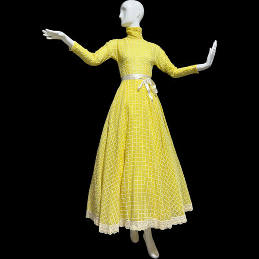 LILLIE RUBIN vintage 1970s evening dress gown, lemon yellow windowpane plaid ball gown