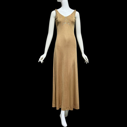 YOUNG DIMENSIONS SAKS Fifth Ave, vintage 1970s evening dress, Bronze slinky metallic knit maxi slip dress, Disco party cocktail dress