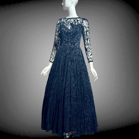 CAROLINE CHARLES, vintage 1980s evening dress ball gown, Made in England, Neiman Marcus Black formal dress