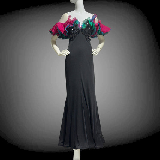 EUGENE ALEXANDER, vintage 1980s evening gown, Black sheath dress, HUGE ruffle collar, Sequin Bodice, on or off shoulders
