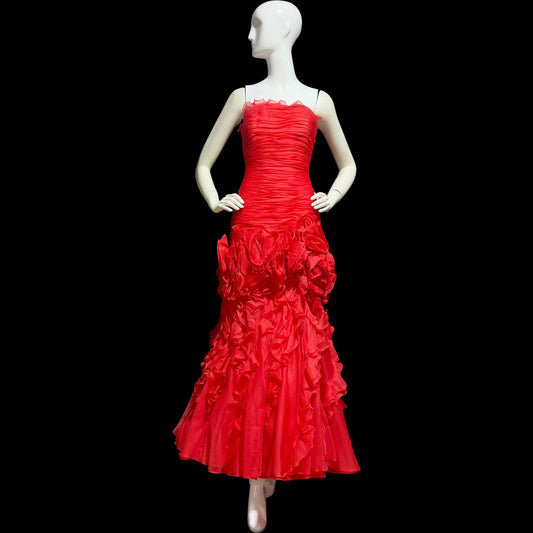 BELLVILLE SASSOON Lorcan Mullany, vintage 1980s evening dress, Red mermaid sheath gown, strapless tiered ruffles with jacket
