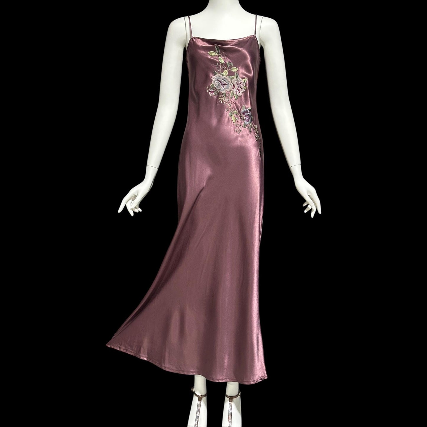 BONNIE STRAUSS vintage 1990s evening slip dress, shiny satin bias cut sheath embroidered 1940s style gown