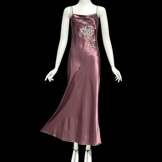 BONNIE STRAUSS vintage 1990s evening slip dress, shiny satin bias cut sheath embroidered 1940s style gown