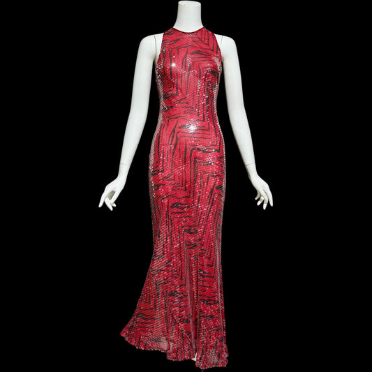 CHETTA B, vintage 1990s evening dress, Bias cut Bodycon red black tiger stripe print sheath slip maxi silk sequin gown