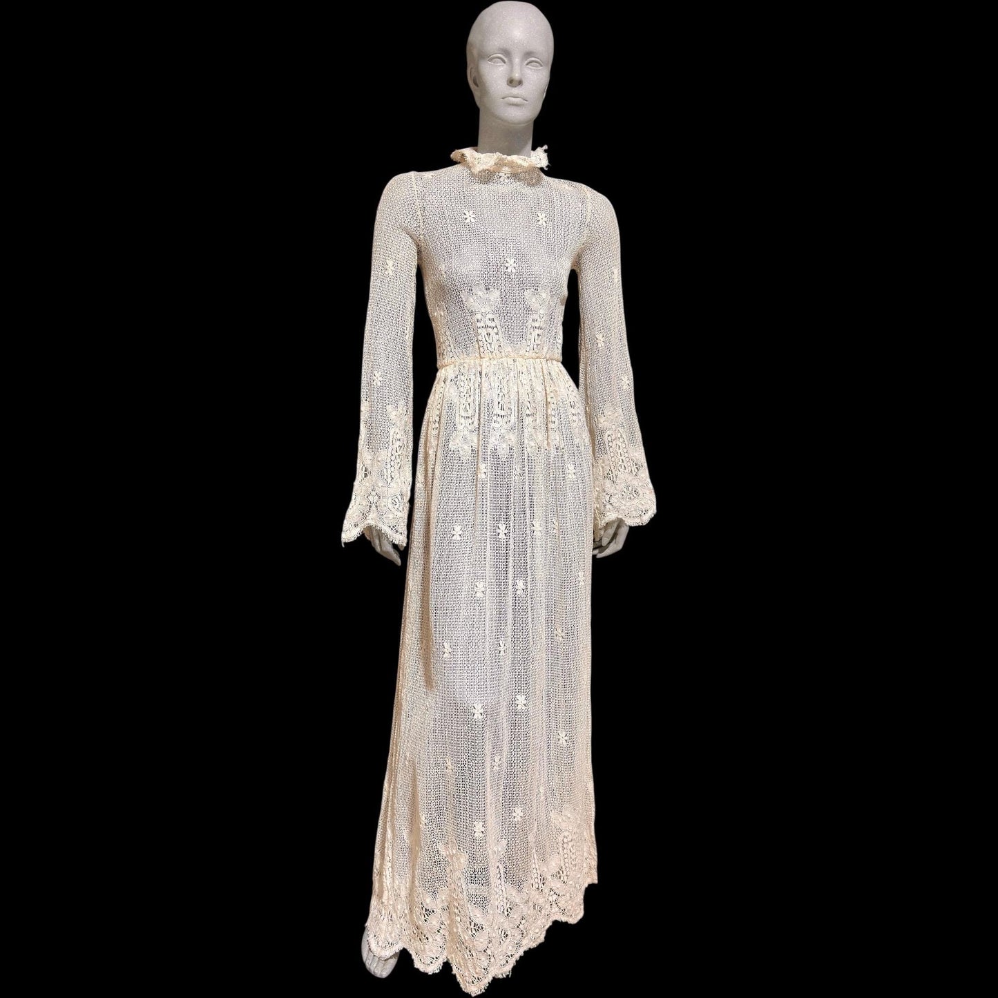 1970s vintage crochet maxi dress, white cotton open knit bridal wedding dress, Victorian style gown