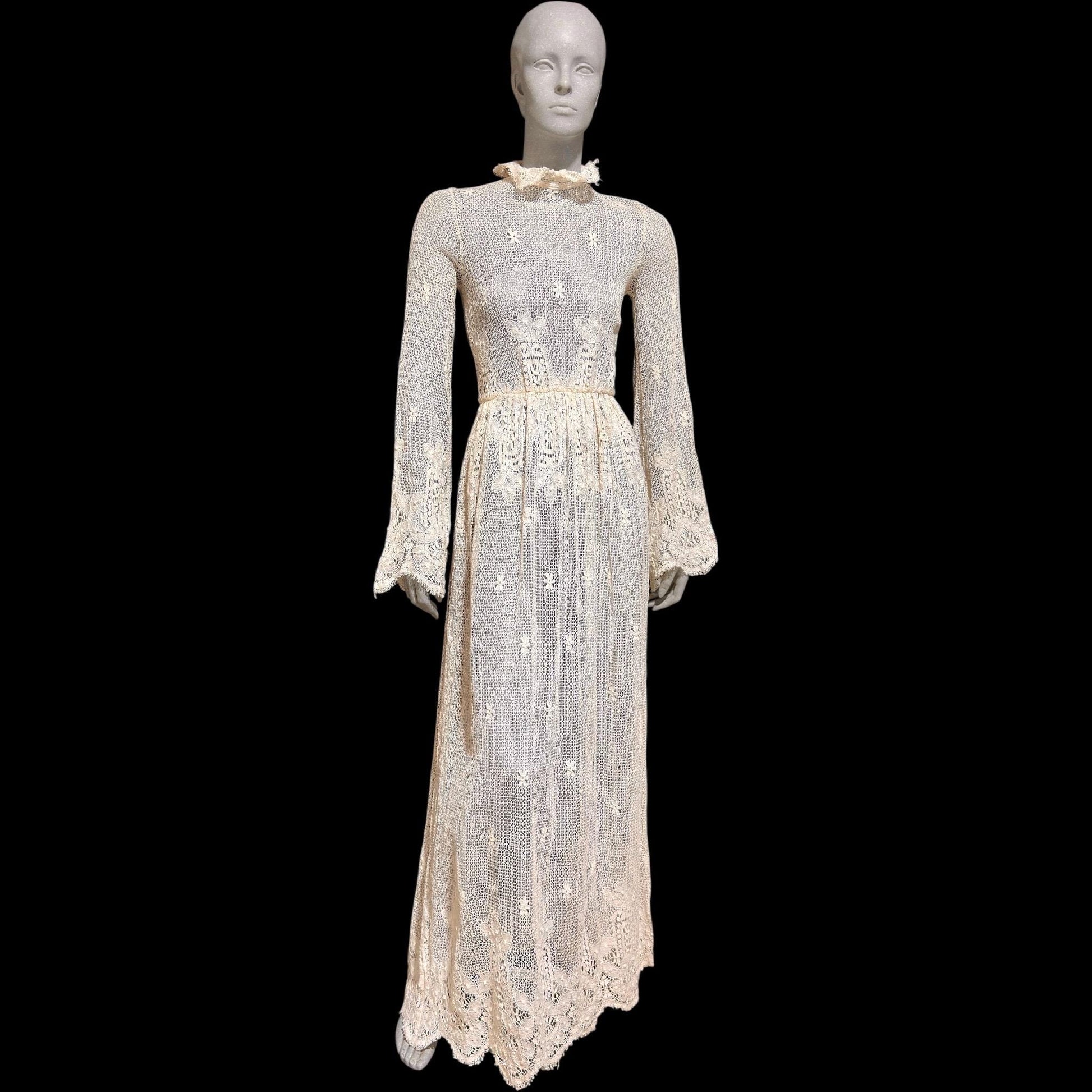 1970s vintage crochet maxi dress, white cotton open knit bridal wedding dress, Victorian style gown