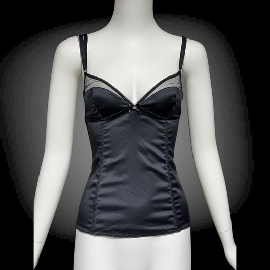 DOLCE & GABBANA, vintage Y2K bustier corset, shiny black satin camisole with mesh trim, Summer Tank Top
