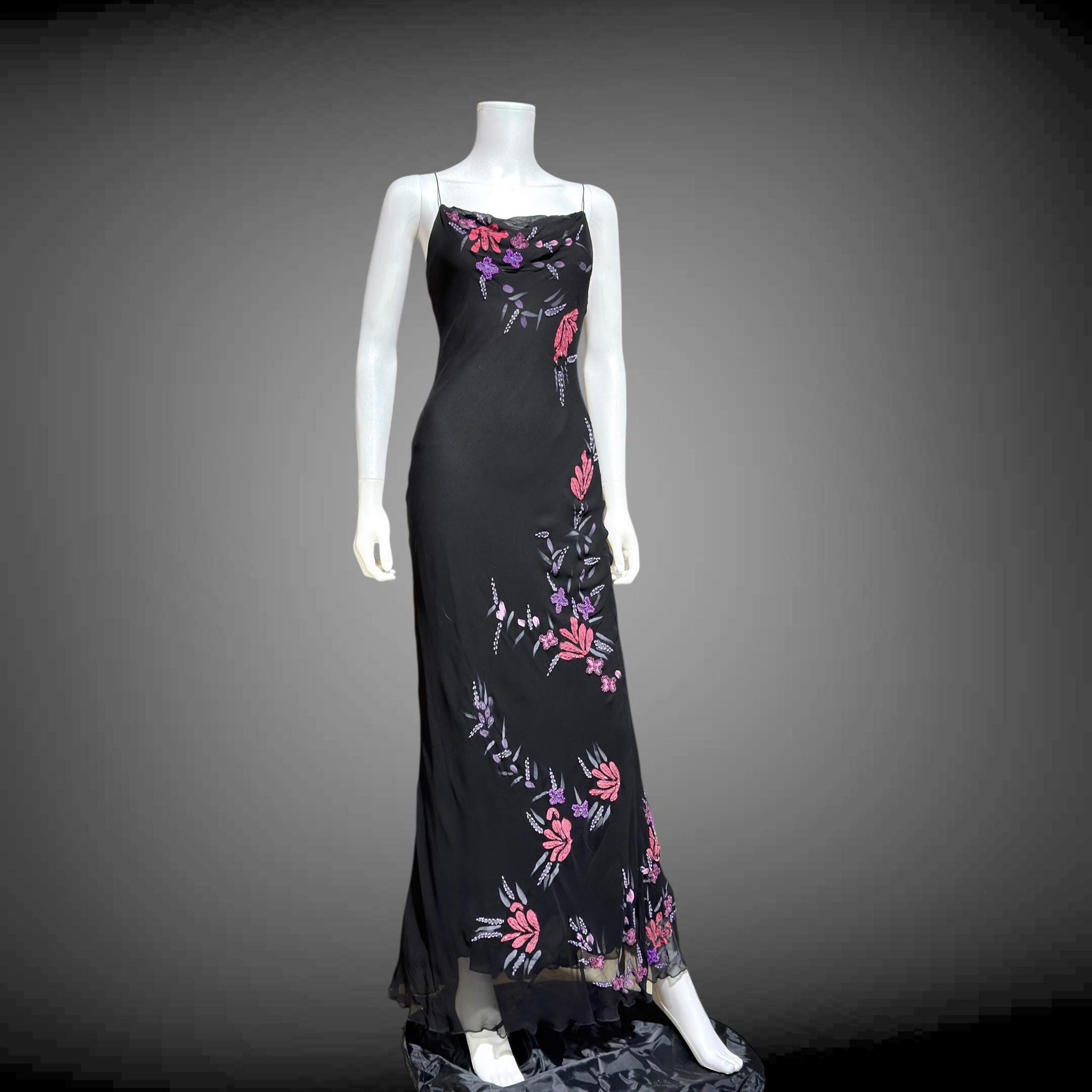 vintage evening dress gown, BETSEY JOHNSON 1990s black beaded bias cut slip dress