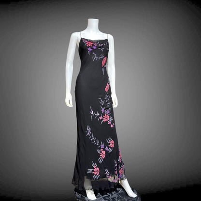 vintage evening dress gown, BETSEY JOHNSON 1990s black beaded bias cut slip dress
