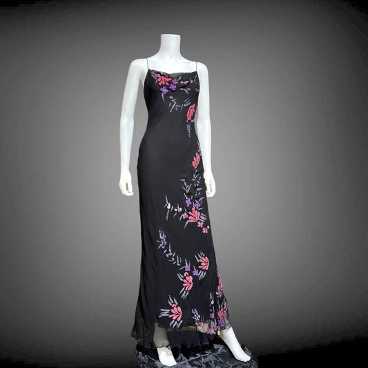 vintage evening dress gown, BETSEY JOHNSON 1990s black beaded bias cut slip dress