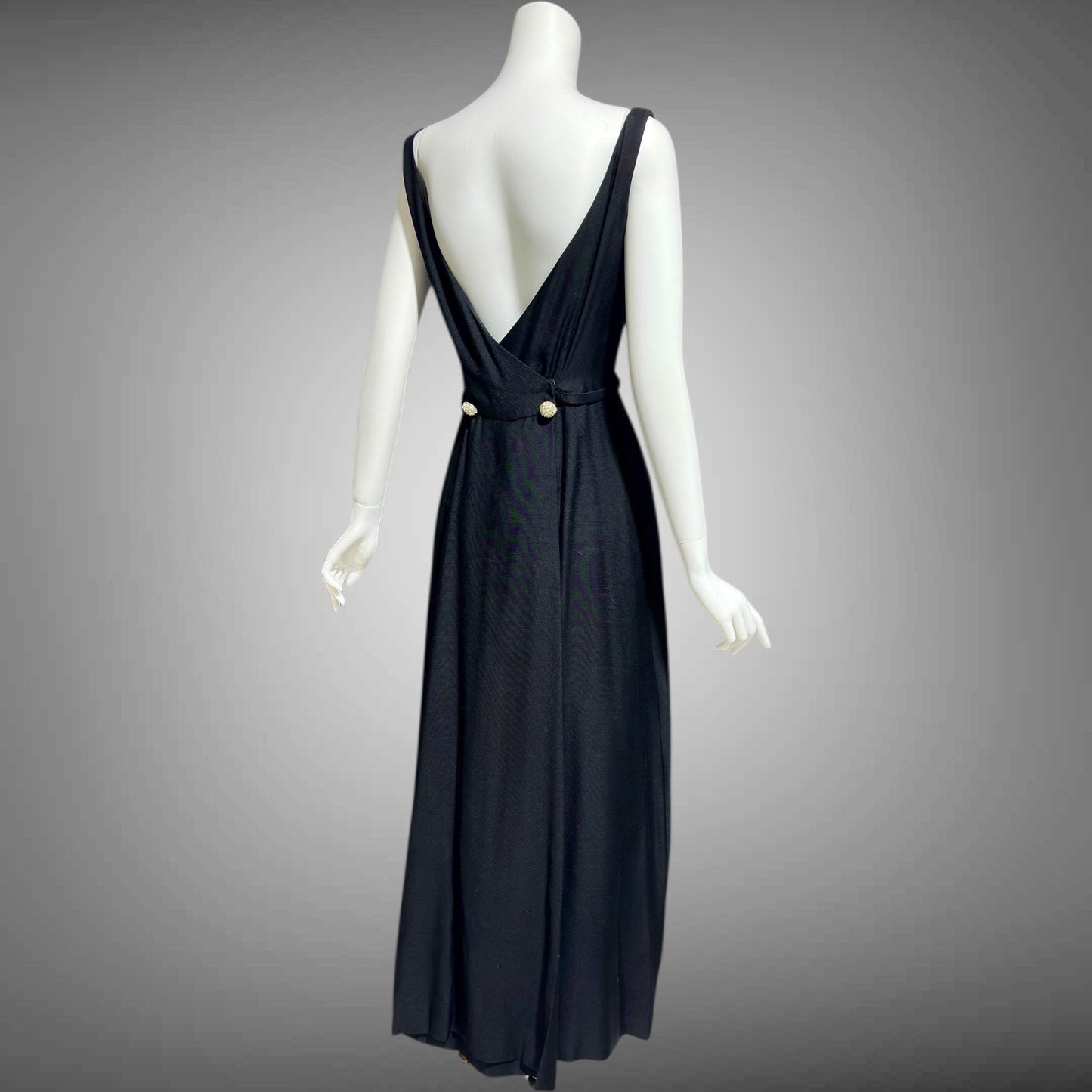 FRANK JELLEFF, vintage 1960s evening dress gown, black formal dress, Deep dive backless