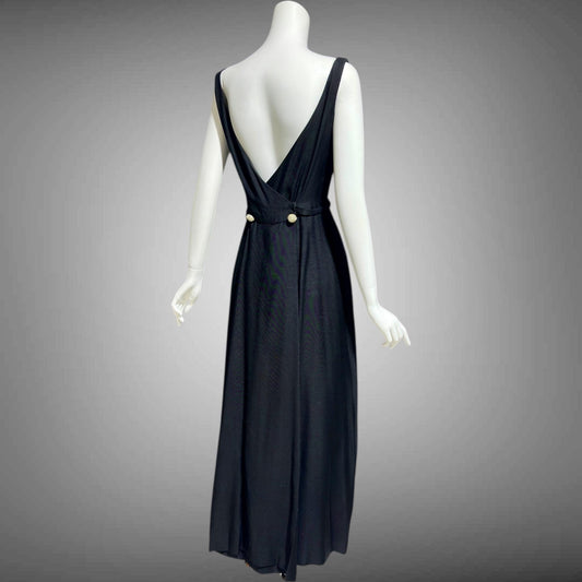 FRANK JELLEFF, vintage 1960s evening dress gown, black formal dress, Deep dive backless