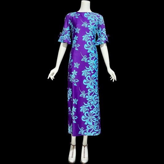 LORD & TAYLOR vintage 1960s Hawaiian evening dress, purple and blue floral print cotton dress