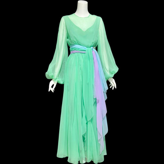 HELEN ROSE, vintage 1970s evening dress, ethereal pastel chiffon green, blue, lavender, sheer chiffon blouson bishop sleeves dress