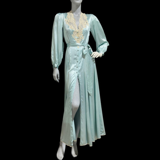 JANET REGER vintage 1970s dressing gown robe, Pure Silk ice blue 70s does 40s old hollywood button front night dress