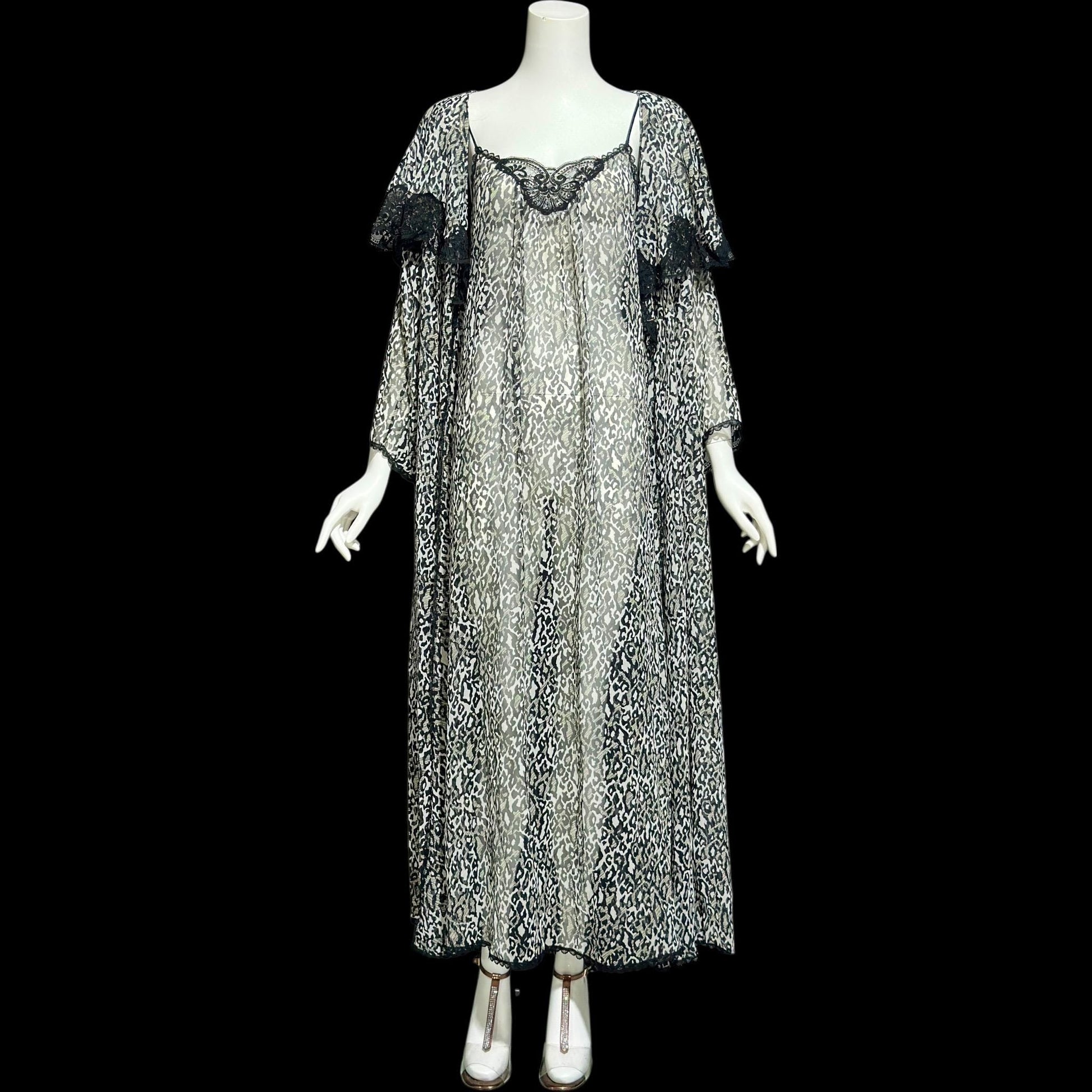 LUCIE ANN vintage 1970s nightgown robe peignoir set, black and white sheer animal print negligee slip dress set