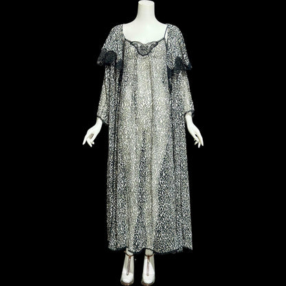 LUCIE ANN vintage 1970s nightgown robe peignoir set, black and white sheer animal print negligee slip dress set