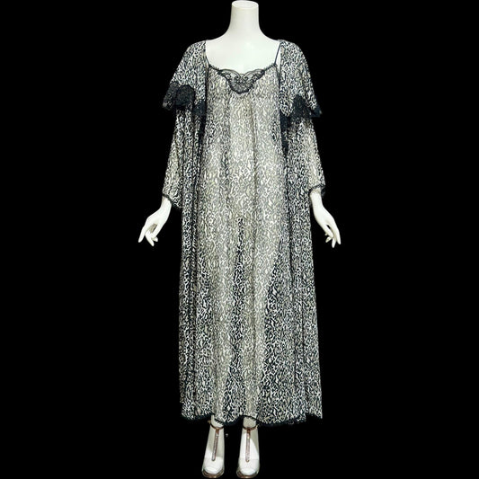LUCIE ANN vintage 1970s nightgown robe peignoir set, black and white sheer animal print negligee slip dress set