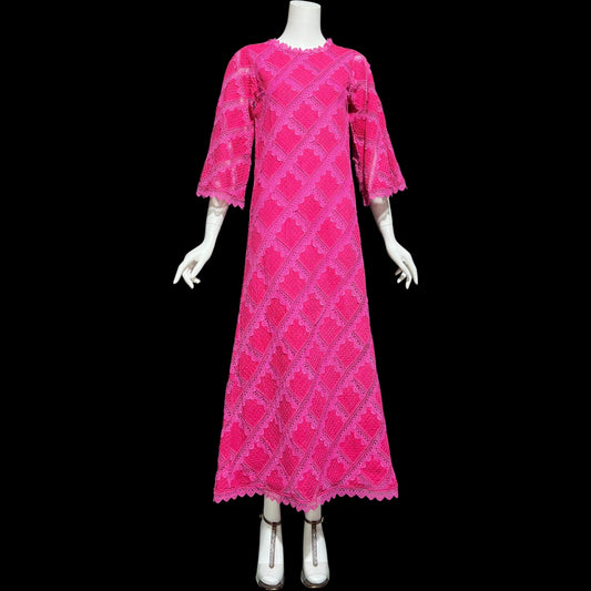 XIHUATL vintage 1960s Mexican cotton dress, Hot Pink Pintuck Patchwork cotton and lace