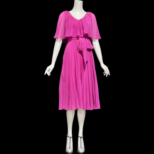 MISS ELLIETTE Vintage 1960s pleated party dress, pink cocktail dress, ruffled collar 