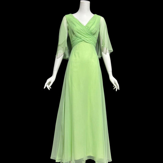 MISS ELLIETTE, vintage 1970s evening dress gown, minty pistachio green poly chiffon dress