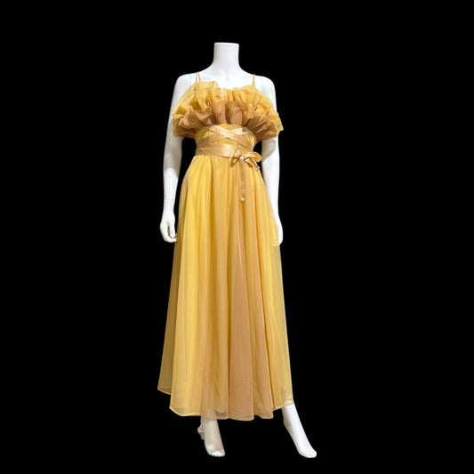 vintage nightgown slip dress by VANITY FAIR, 1950s caramel sheer chiffon ruffles Grecian goddess gown