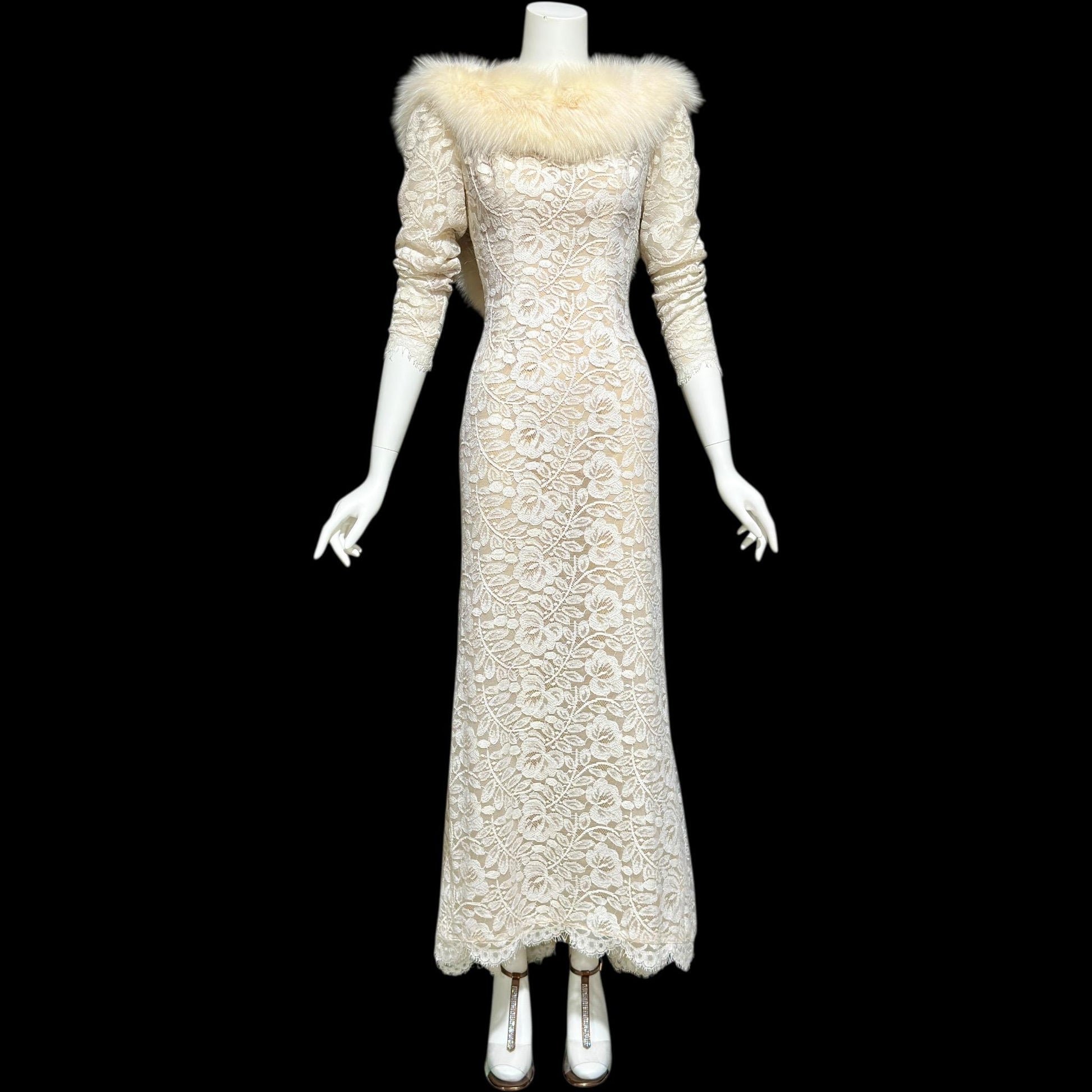 PAT RICHARDS Michael Maiello, vintage 1980s evening dress, white lace & fox collar dynasty glam gown