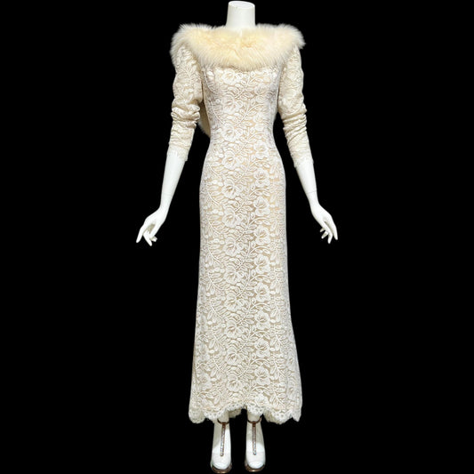 PAT RICHARDS Michael Maiello, vintage 1980s evening dress, white lace & fox collar dynasty glam gown