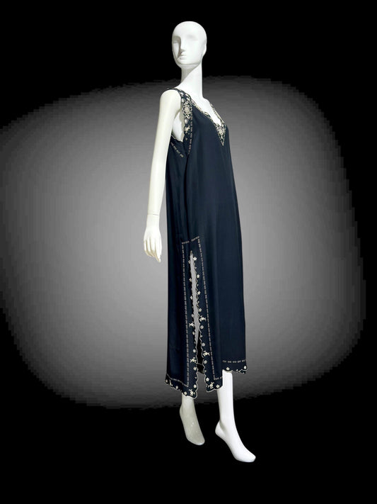 PEONY, vintage 1950s Silk Nightgown slip dress, black and white shift cut hand embroidered long gown