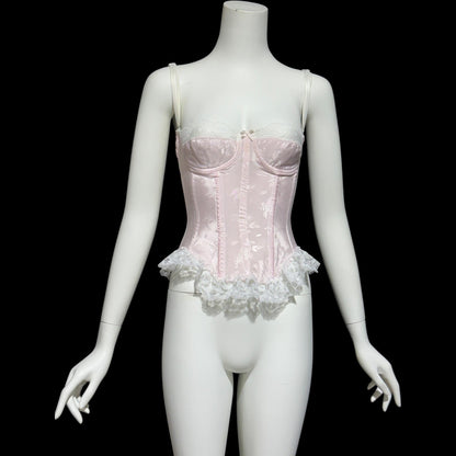 SABRINA, Vintage 1970s pink satin bustier, pink embossed satin with white lace
