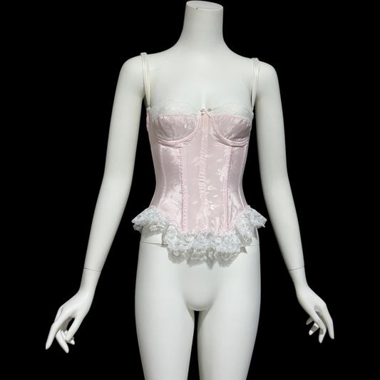 SABRINA, Vintage 1970s pink satin bustier, pink embossed satin with white lace