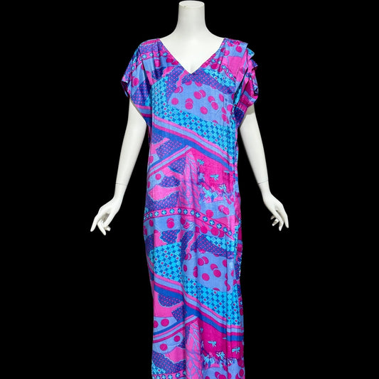 SULTANA by ADINI vintage 1970s caftan dress, blue purple and hot pink op art rayon