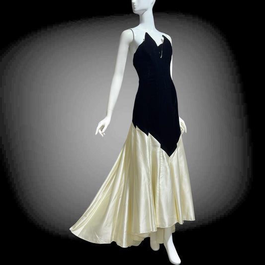VICTOR COSTA vintage 1970s evening dress gown, Neiman Marcus, black velvet & white satin strapless mermaid gown