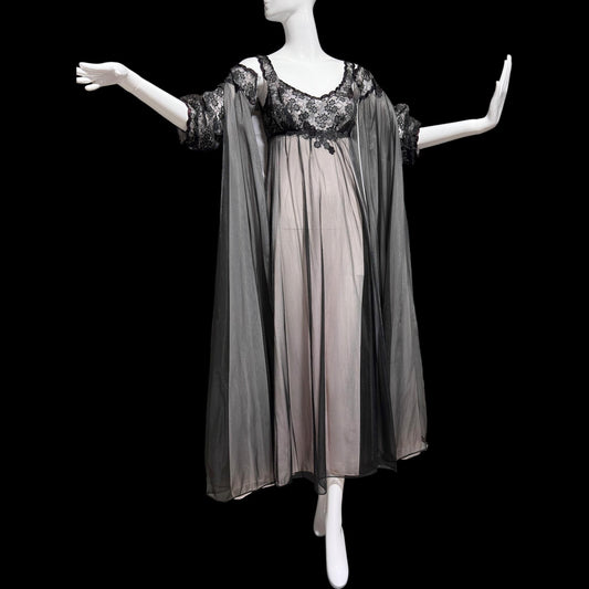 Warner's vintage 1960s peignoir set, frothy sheer black and pink chiffon nightgown robe set